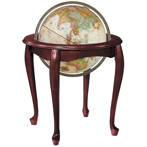 16-inch antique ocean floor globe in a cherry hardwood Queen Anne stand with cabriole legs.