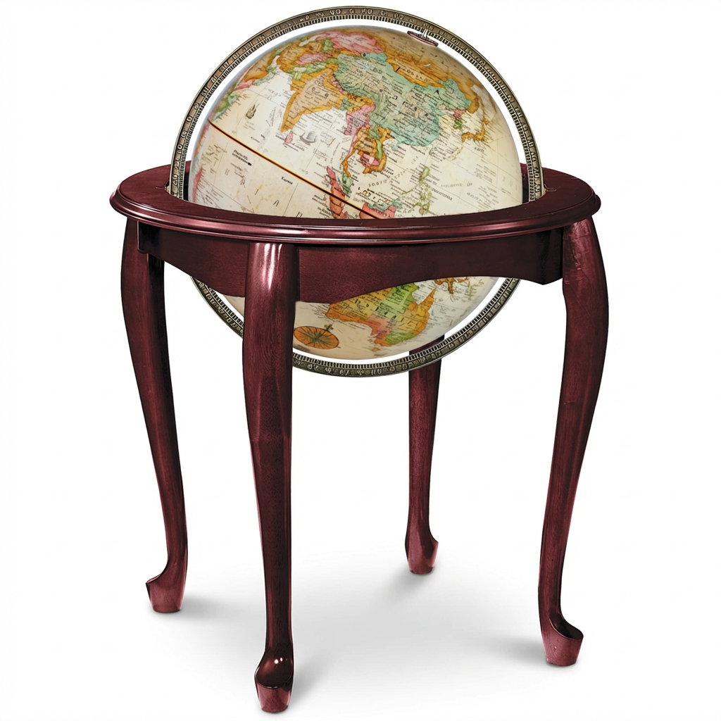 A photorealistic studio photograph of the Replogle Queen Anne antique ocean floor globe, set in its dark cherry wood stand and angled left on a pure white background.