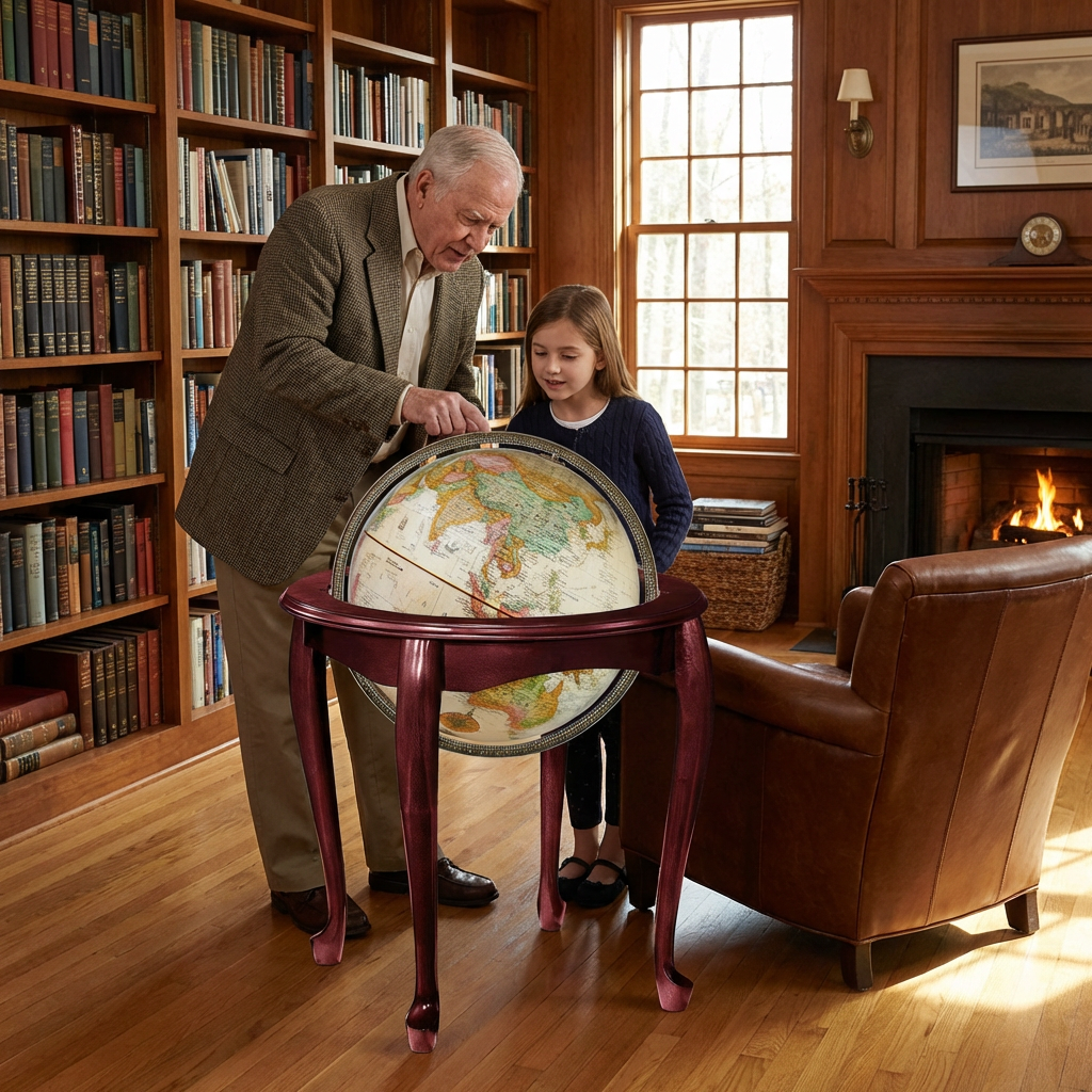 A lifestyle photograph shows a grandfather and granddaughter looking at the Replogle Queen Anne antique ocean floor globe in a cozy library.