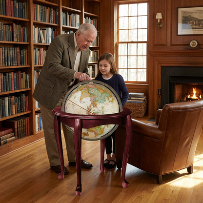 A lifestyle photograph shows a grandfather and granddaughter looking at the Replogle Queen Anne antique ocean floor globe in a cozy library.