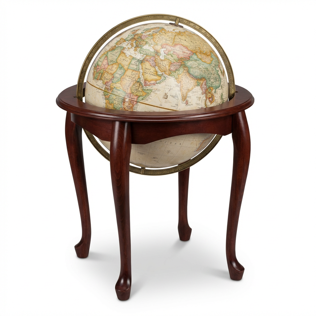 A photorealistic studio product photograph of the Replogle Globes Queen Anne floor globe, centered on a pure white background with a soft shadow.