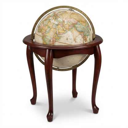 A photorealistic studio product photograph of the Replogle Globes Queen Anne floor globe, centered on a pure white background with a soft shadow.