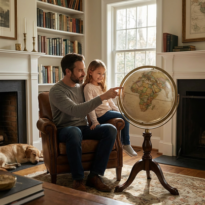 A lifestyle photograph shows a father and his young daughter sitting in a leather armchair, looking at a Replogle Globes CAMBRIDGE Antique floor globe. They are in a cozy library with a fireplace and shelves of books.