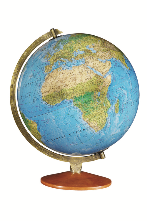 Illuminated 12-inch Odessa desk globe with raised relief, brass meridian, and wooden base.