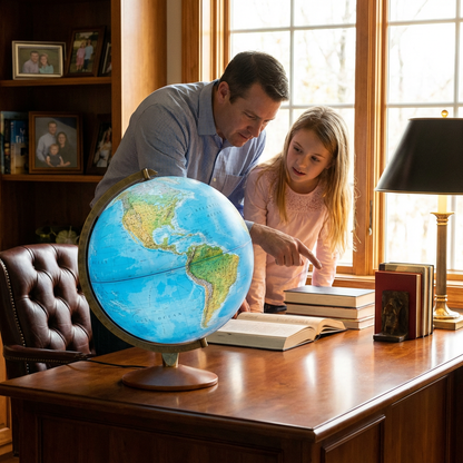 A father and daughter examine the illuminated Replogle Odessa globe on a wooden desk in a home study.