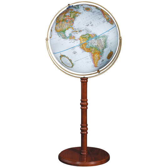 Edinburgh 16-inch floor globe featuring blue oceans and a dark walnut floor stand.
