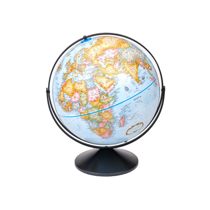 Eureka 16-inch blue ocean globe with raised relief and political map on a black gyromatic base.
