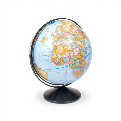 Studio photo of the Replogle Eureka blue ocean globe angled to the left, on a white background with a soft shadow.