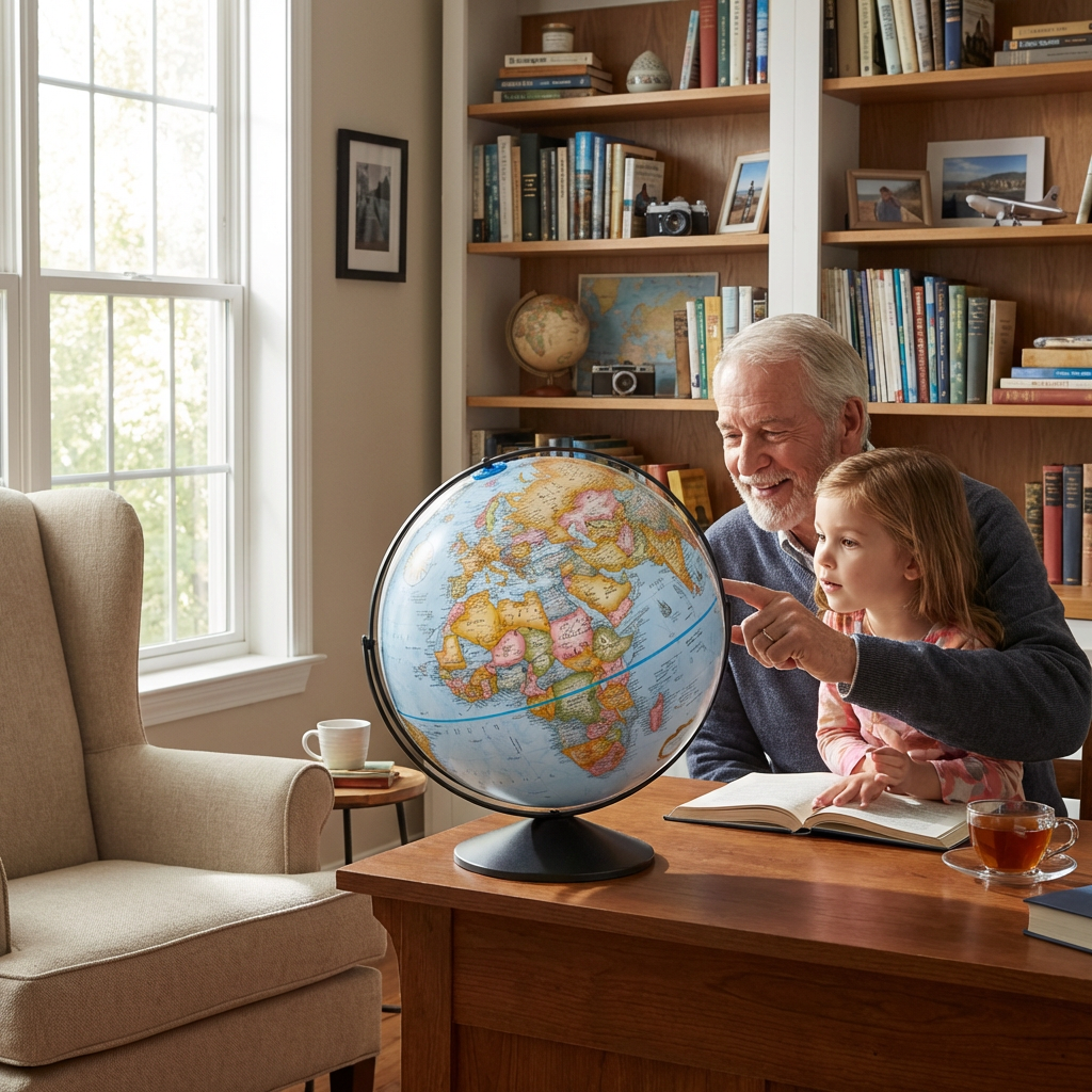A grandfather and child sit at a wooden desk, looking at the Replogle Eureka 16" globe. The grandfather points to a country on the map while the child watches. They are in a sunlit home study with bookshelves.