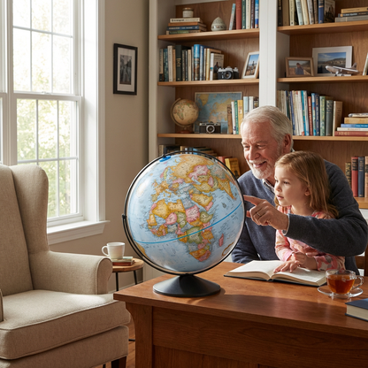 A grandfather and child sit at a wooden desk, looking at the Replogle Eureka 16" globe. The grandfather points to a country on the map while the child watches. They are in a sunlit home study with bookshelves.