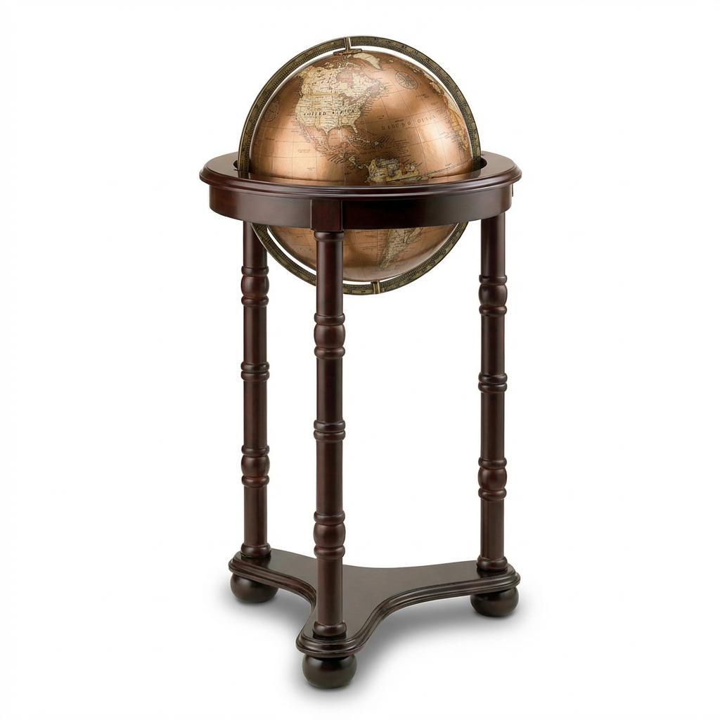 A photorealistic studio photograph of the Replogle Lancaster Floor Globe, angled to the left, on a pure white background with a soft shadow. The 12- inch globe with its bronze metallic ocean and antique landmasses is set in a dark cherry wood floor stand with turned legs and a meridian ring.