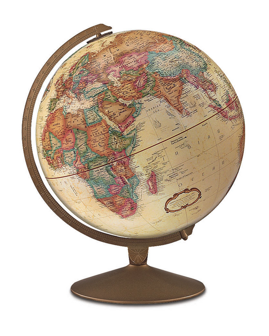 Replogle Franklin 12-inch antique ocean desk globe with raised relief on a bronze-finished stand.