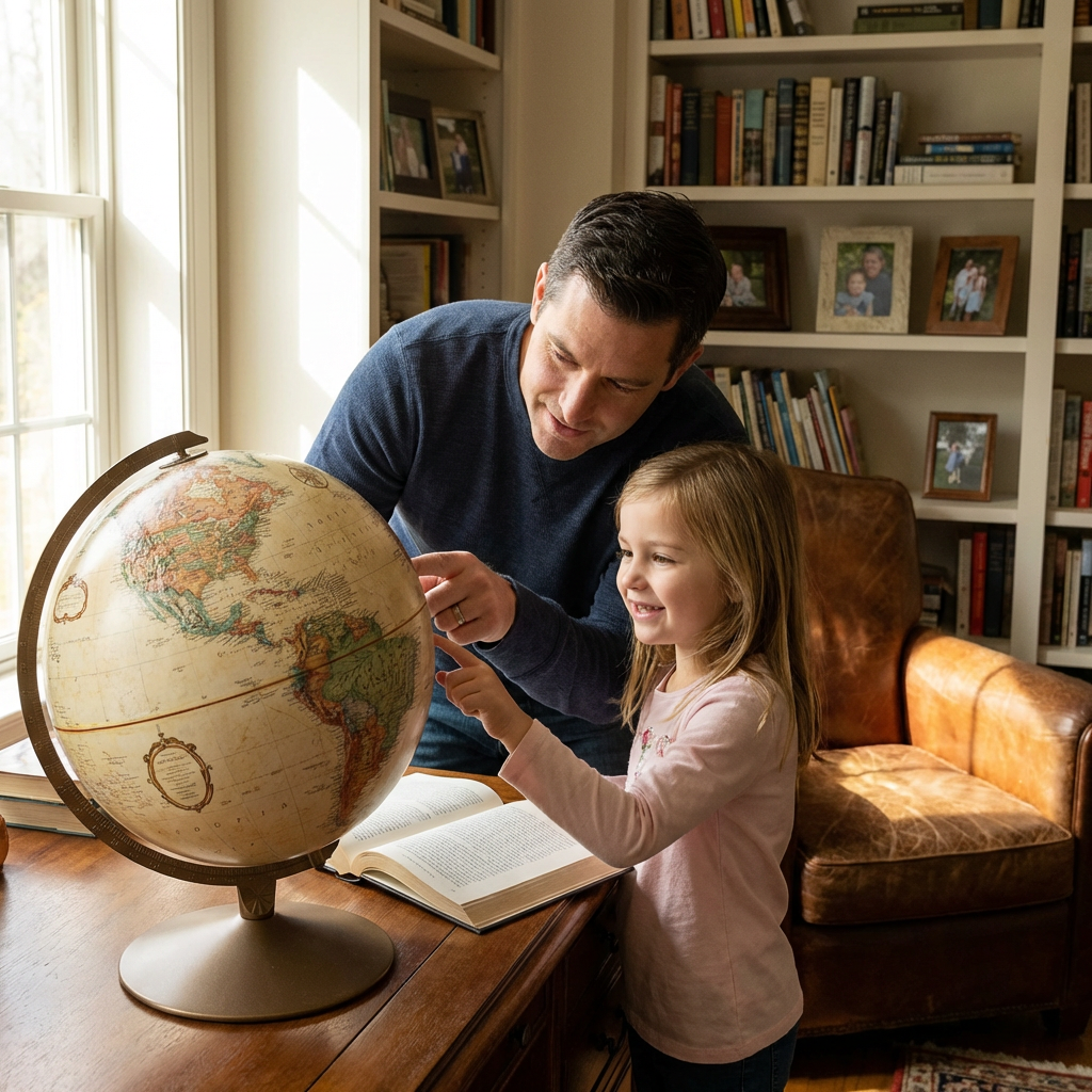 A father and daughter explore the Replogle Franklin Globe together in a warm, sunlit home library.