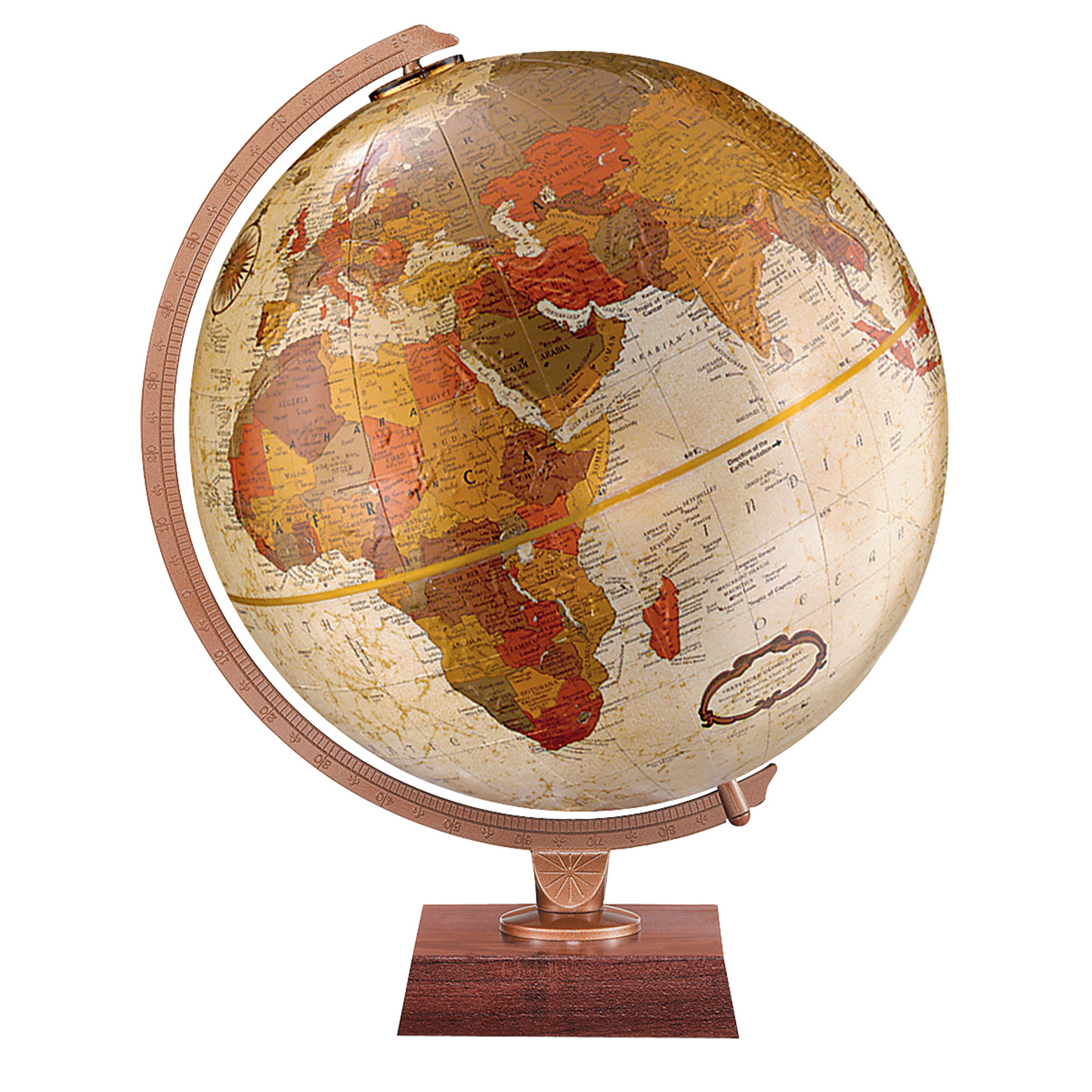 Northwoods 12-inch bronze metallic desk globe with earth-toned political map and walnut wood base.