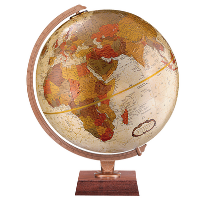 Northwoods 12-inch bronze metallic desk globe with earth-toned political map and walnut wood base.