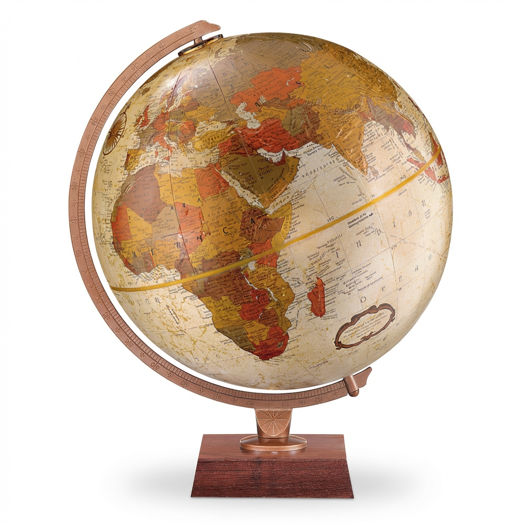 A studio photograph of the Replogle Globes Northwoods desk globe with its bronze metallic meridian and wooden base, angled to show the left side on a pure white background with a soft shadow.