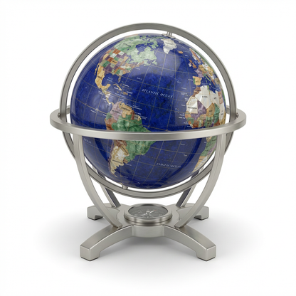 Photorealistic studio photo of the Replogle Globes COMPASS JEWEL gemstone globe with silver stand, angled left on a pure white background with a soft shadow .
