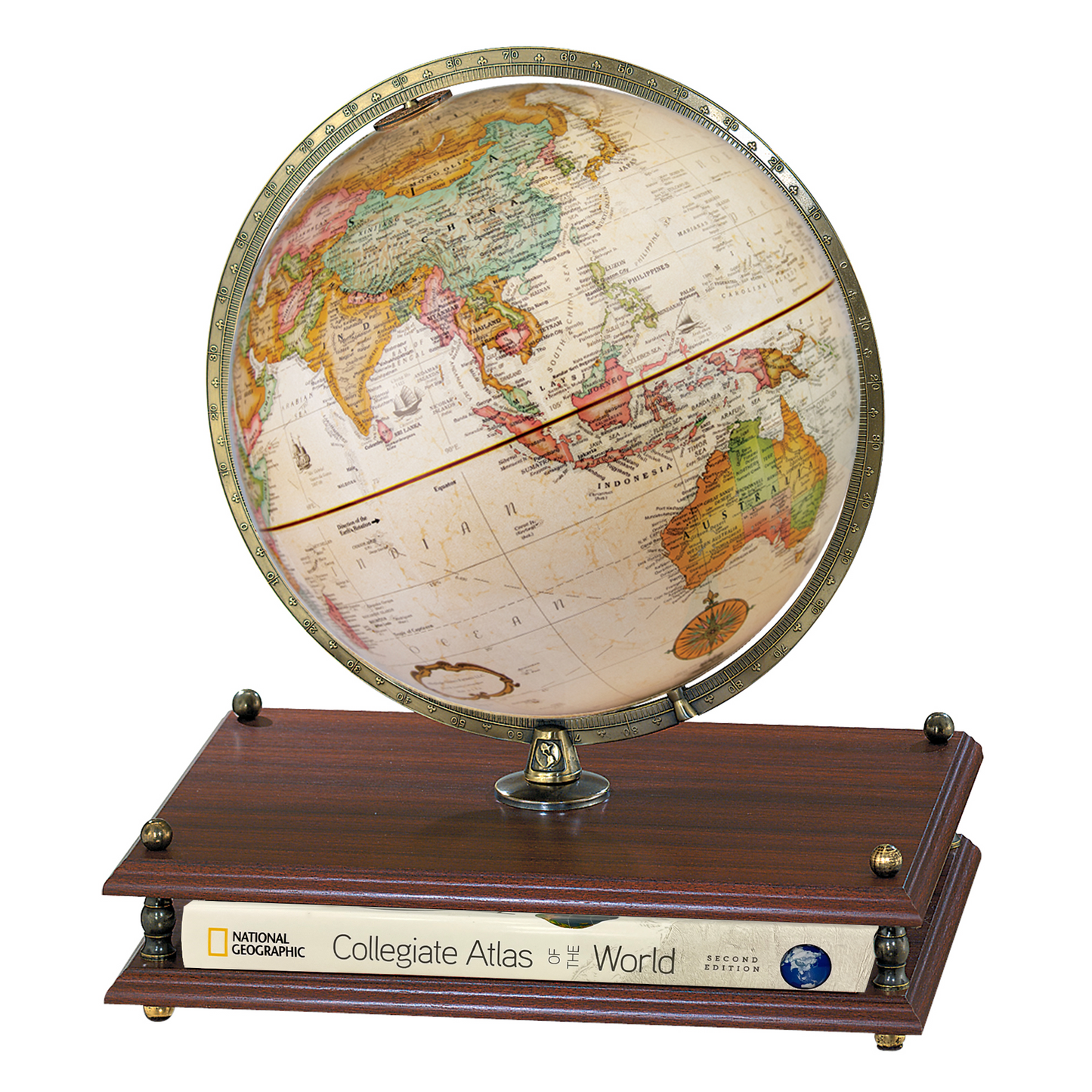 Replogle Premier 12-inch antique desktop globe on a dark wood base with a National Geographic atlas.