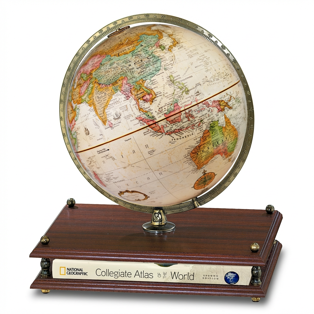 A photorealistic studio photo of the Replogle Globes Premier Antique globe, including its wooden base and "National Geographic Collegiate Atlas of the World" book. The product is angled to show the left side against a pure white background with a soft shadow.