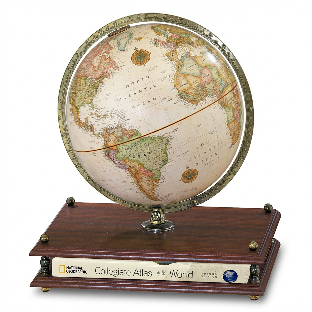 A photorealistic studio photograph of the Replogle PREMIER Antique globe and stand, centered on a white background with soft shadow. The globe is angled to show the Americas and Atlantic Ocean.