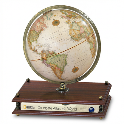 A photorealistic studio photograph of the Replogle PREMIER Antique globe and stand, centered on a white background with soft shadow. The globe is angled to show the Americas and Atlantic Ocean.