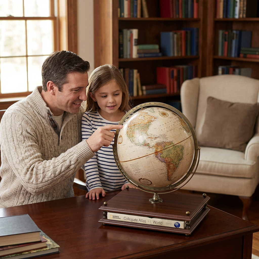 A photorealistic lifestyle photograph shows a father and daughter in a home library, looking at the Replogle Globes PREMIER Antique globe, which is on its wooden base with an atlas on a desk. Natural light streams in.