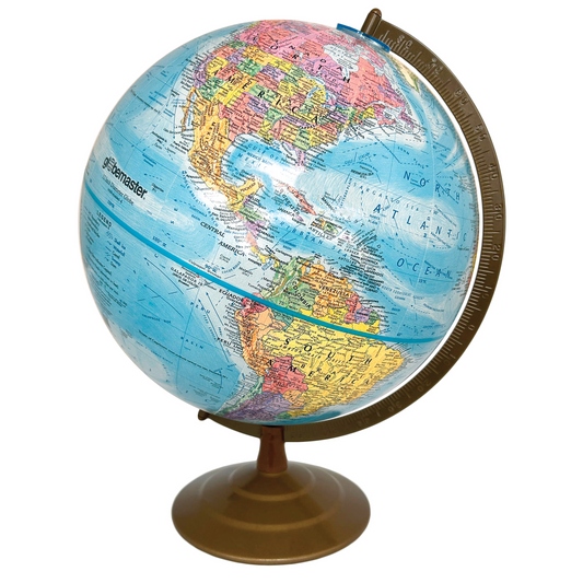 A 12-inch blue ocean desk globe by Globemaster featuring a bronze-colored metal meridian and base.