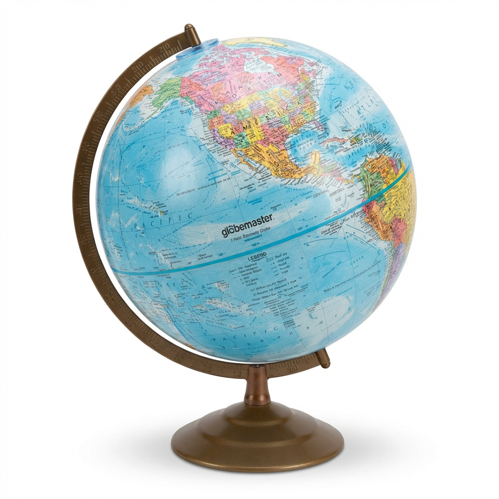 A studio photograph of the Replogle Globemaster 12" Blue Ocean Desk Globe on a pure white background with a soft shadow. The globe is angled left , showing North America and the Pacific.