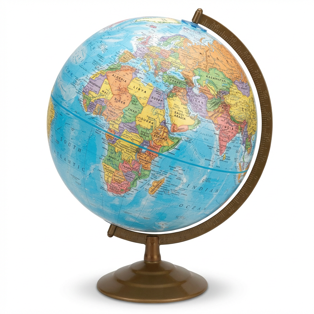A studio photograph of the Replogle Globemaster 12" desk globe, showing the right side with Africa and the Indian Ocean, on a white background with a soft shadow.