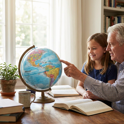 A grandfather and granddaughter use the Replogle Globemaster globe in a sunlit home setting.
