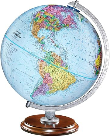 12-inch student desktop globe with blue oceans, raised relief, silver meridian, and wooden base.
