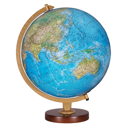 Blue 12-inch desk globe with raised relief continents, a gold semi-meridian, and wooden base.