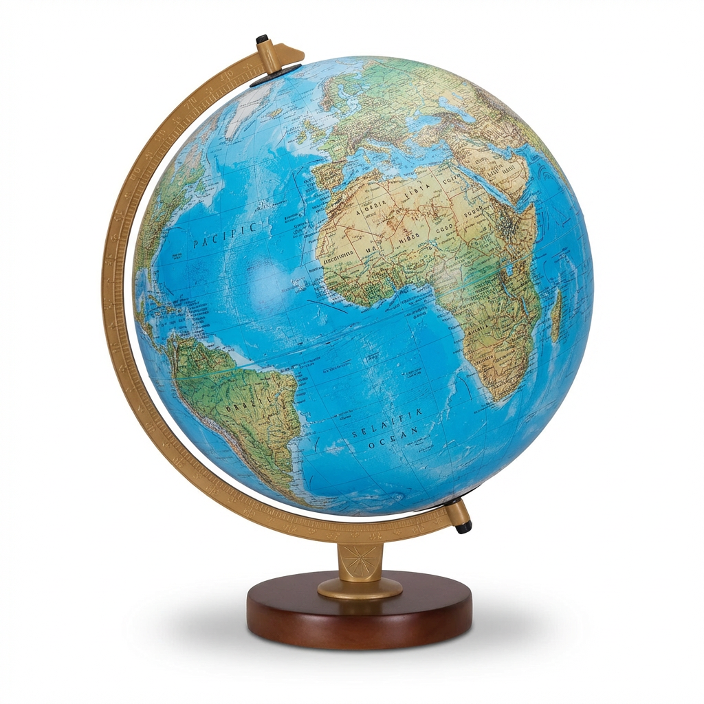 A photorealistic studio product photo of the Replogle Livingston globe, angled to show the left side, on a pure white background with a soft shadow.