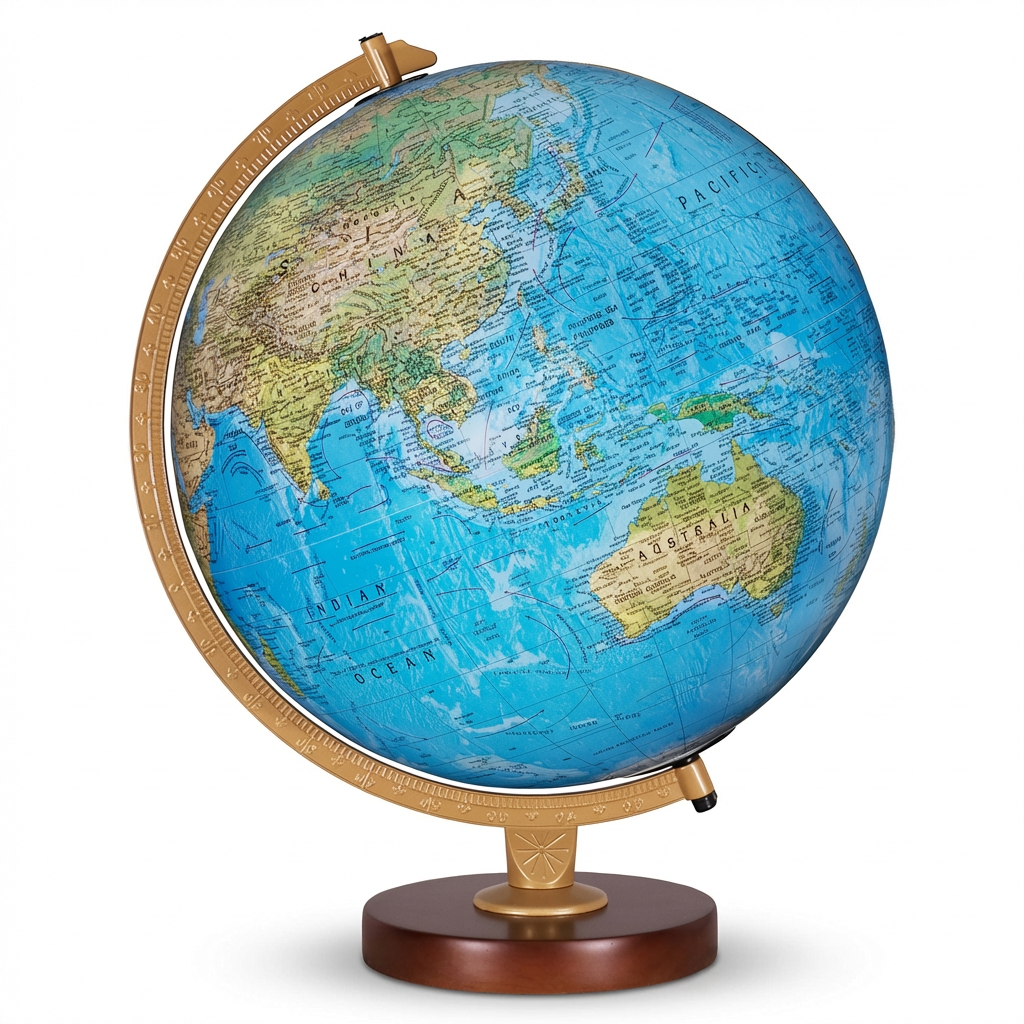 The photorealistic image shows the Replogle Livingston 12-inch blue ocean illuminated desk globe, angled to emphasize the right side. The globe sits on a gold- colored meridian and a dark wood base against a pure white background with a soft shadow.
