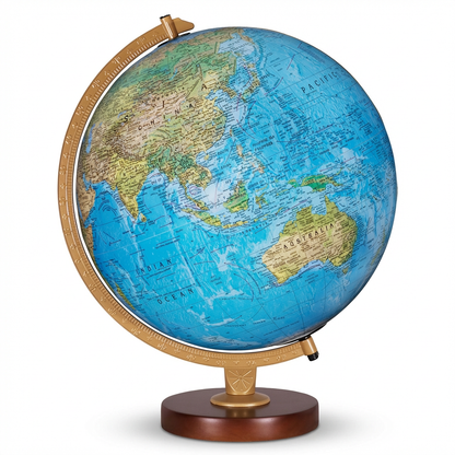 The photorealistic image shows the Replogle Livingston 12-inch blue ocean illuminated desk globe, angled to emphasize the right side. The globe sits on a gold- colored meridian and a dark wood base against a pure white background with a soft shadow.