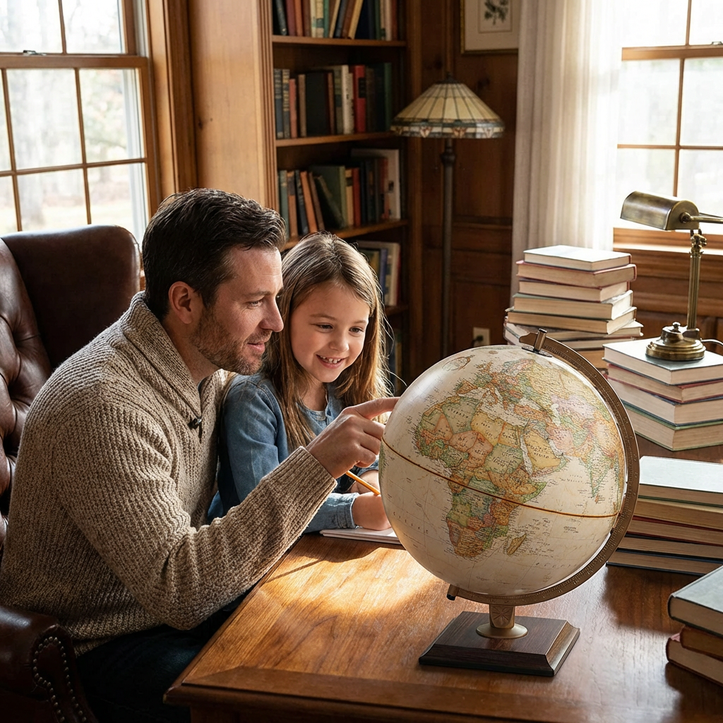 A candid photograph shows a father and daughter in a cozy study, pointing at the Replogle Globes Spokane 12-inch antique ocean desk globe on a wooden table . Natural light streams in from a window, illuminating the scene.