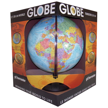 Globemaster 12-inch blue ocean desk globe with raised relief map in retail packaging.