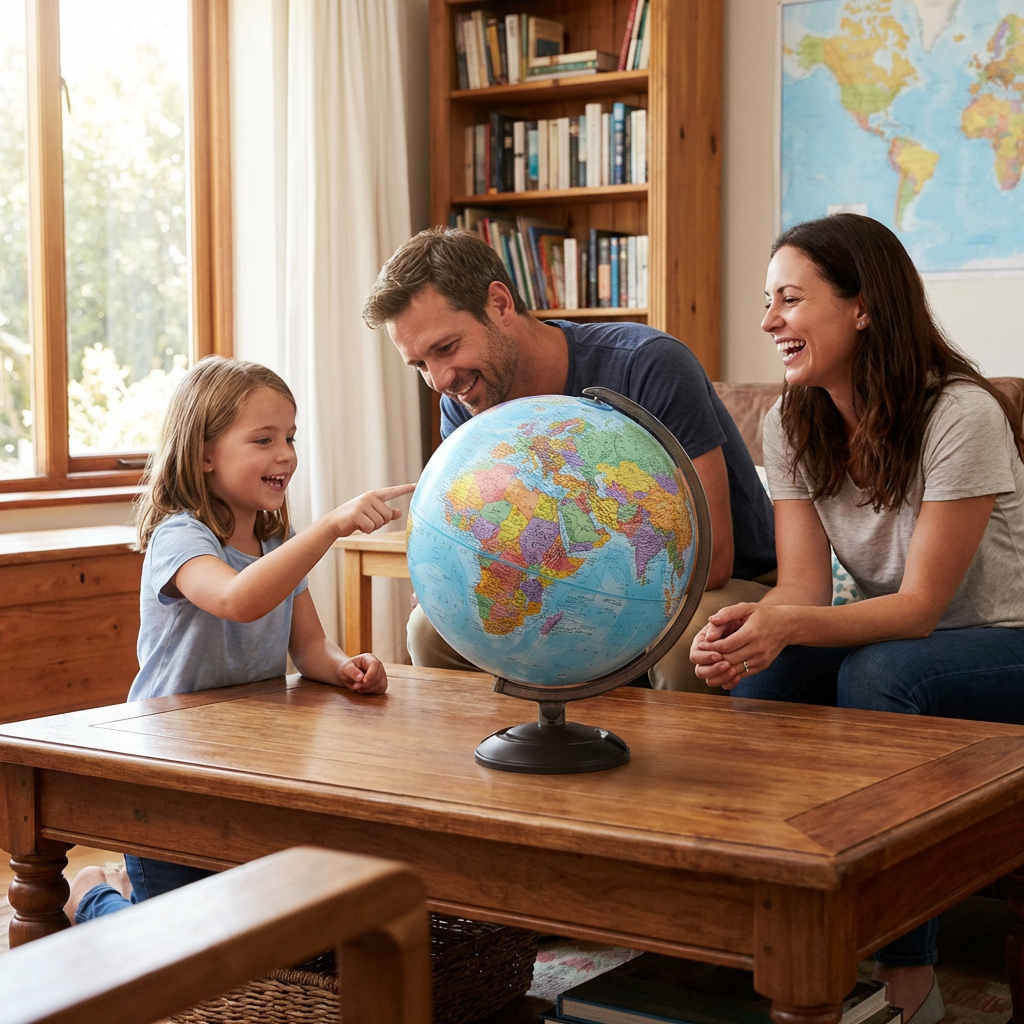 A family of three with a young girl points to Africa on a Replogle Globemaster 12-inch desk globe on a wooden coffee table.