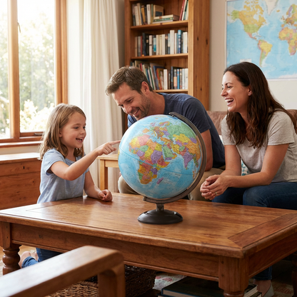 A family of three with a young girl points to Africa on a Replogle Globemaster 12-inch desk globe on a wooden coffee table.