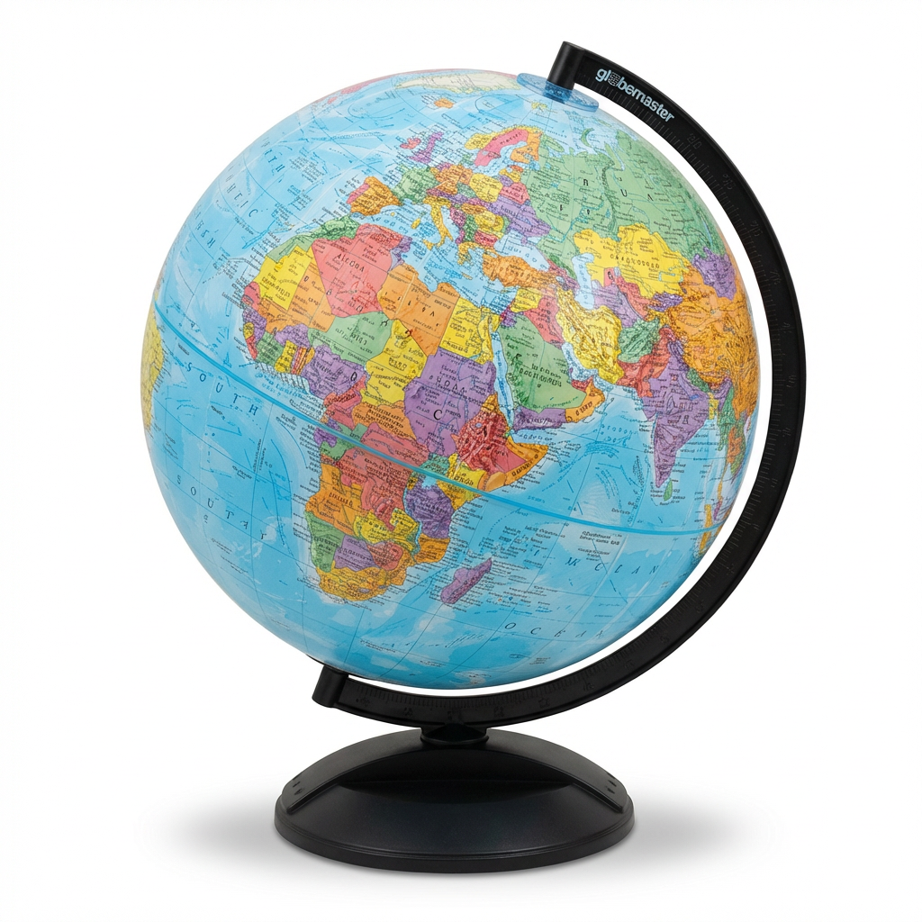 A studio photograph of the Replogle Globemaster desk globe, removed from its packaging. The blue ocean sphere, with raised relief and colorful country maps, is centered on a pure white background with a soft shadow. It is angled to show the right side and its black meridian and base.