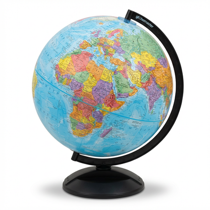 A studio photograph of the Replogle Globemaster desk globe, removed from its packaging. The blue ocean sphere, with raised relief and colorful country maps, is centered on a pure white background with a soft shadow. It is angled to show the right side and its black meridian and base.