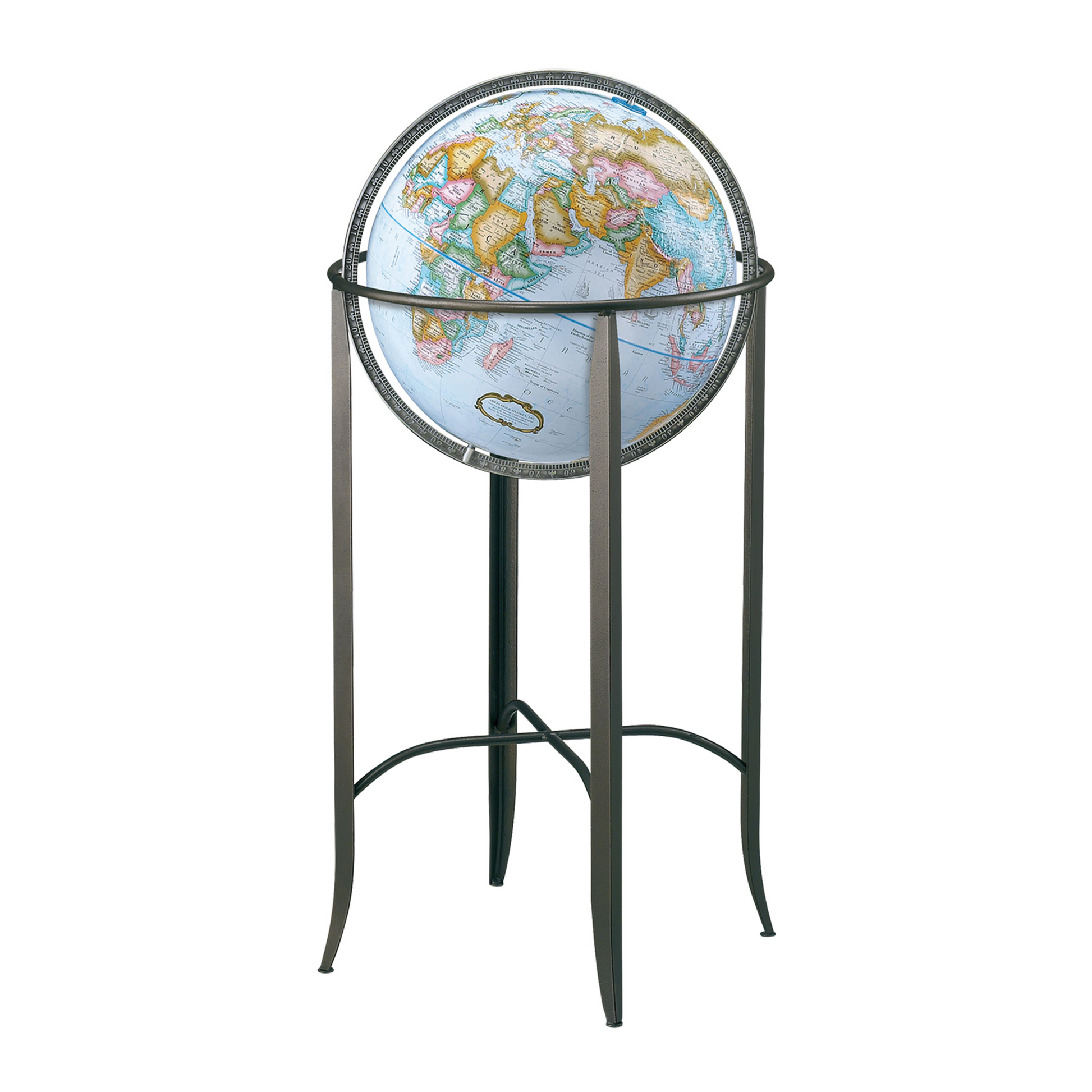Handcrafted Trafalgar 16-inch blue ocean floor globe on a minimalist dark metal stand.