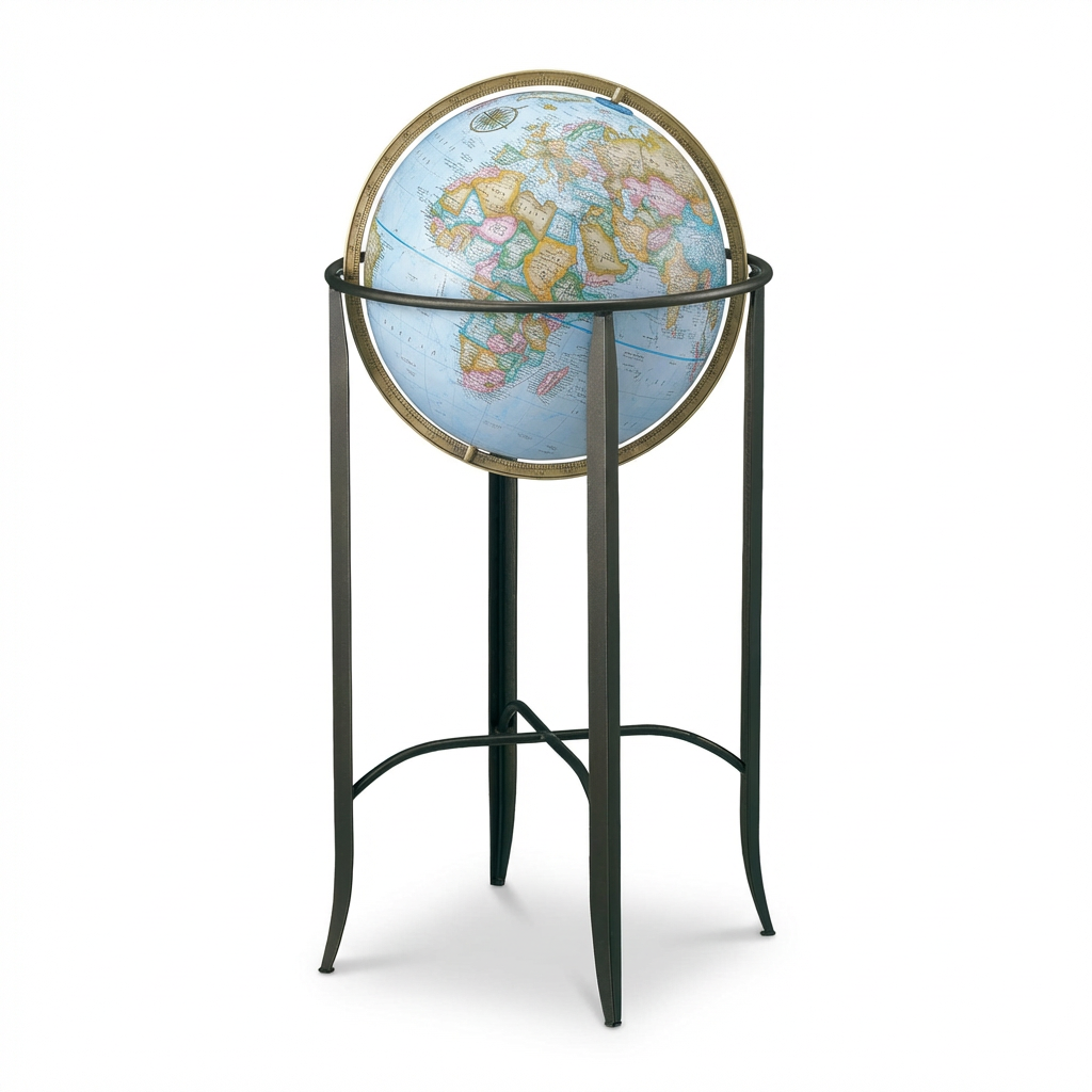 A photorealistic studio image of the Replogle Trafalgar Blue Ocean Floor Globe on its dark metal stand, angled to show the left side and a brass meridian.