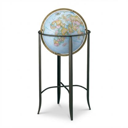 A photorealistic studio image of the Replogle Trafalgar Blue Ocean Floor Globe on its dark metal stand, angled to show the left side and a brass meridian.