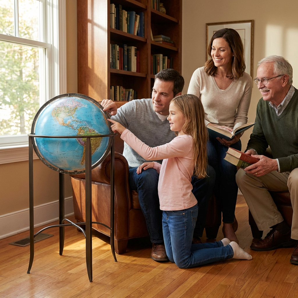 A multi-generational family of four is gathered around the Replogle Trafalgar floor globe in a sunlit home, with the father and daughter pointing at the world map.