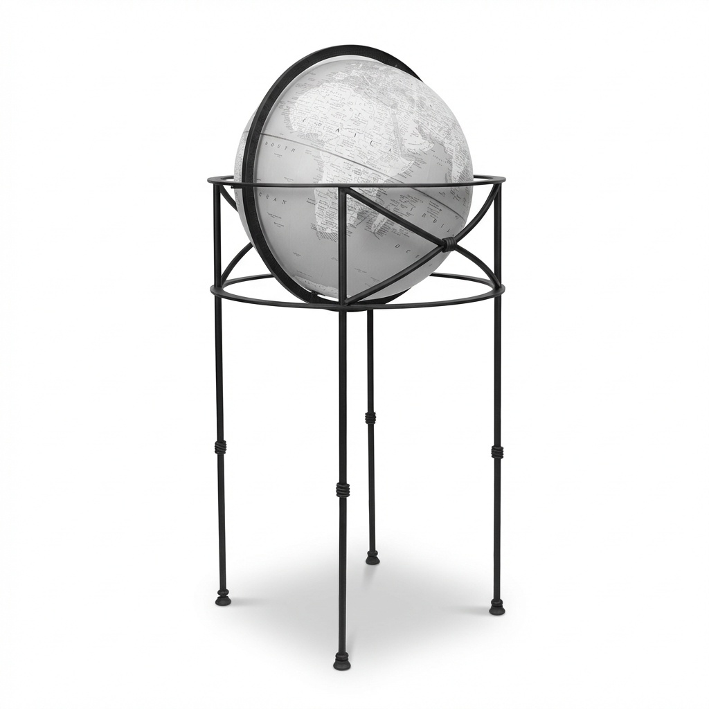 A photorealistic studio product photo of the Replogle Globes DAWSON Gray (MPN: 26900), angled to show its left side, on a pure white background with a soft shadow. The globe and its black metal stand are the only subjects.