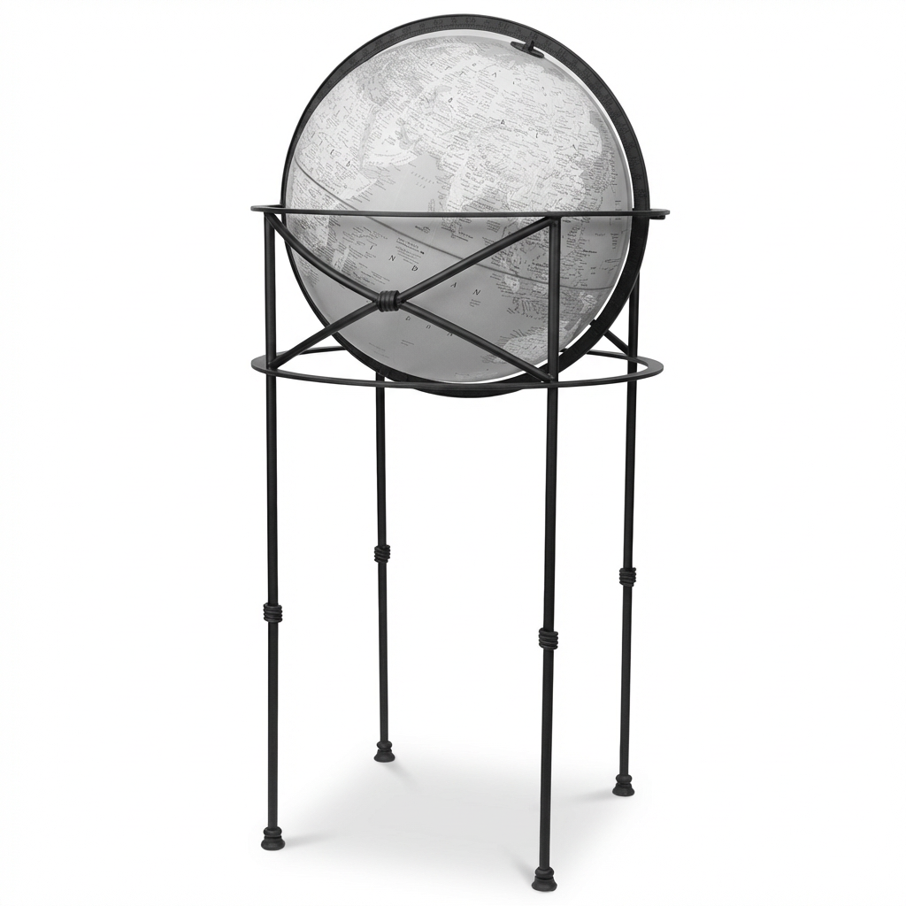 A photorealistic studio photo of the Replogle Globes DAWSON Gray floor globe, angled to the right on a white background.