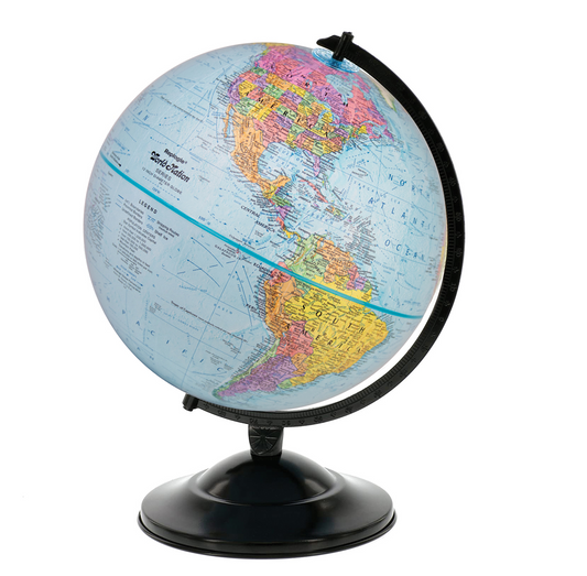 Replogle 12-inch blue ocean desk globe with colorful landmasses on a black metal stand.