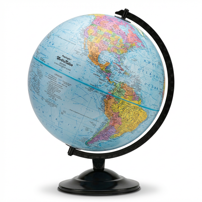 A photorealistic studio photo of the Replogle 12"/30cm blue ocean desk globe with a black metal semi-meridian and base, angled to show the left side. Centered on a pure white background with a soft natural shadow.