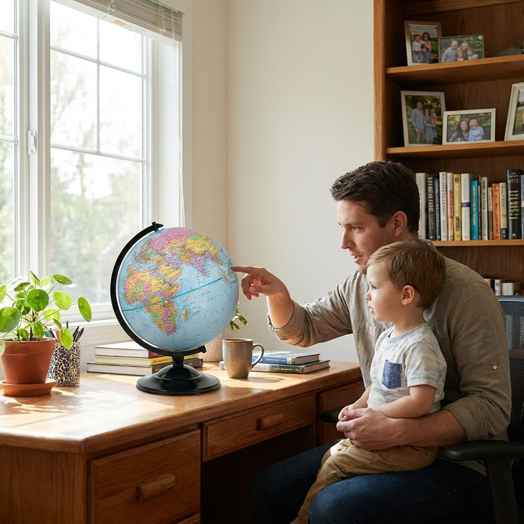 A father and son explore the world together, using the Replogle 12-inch Blue Ocean globe at a sunlit home office desk.